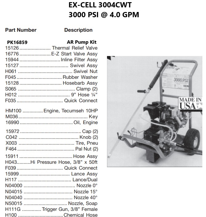 DEVILBISS model 3004CWT power washer parts